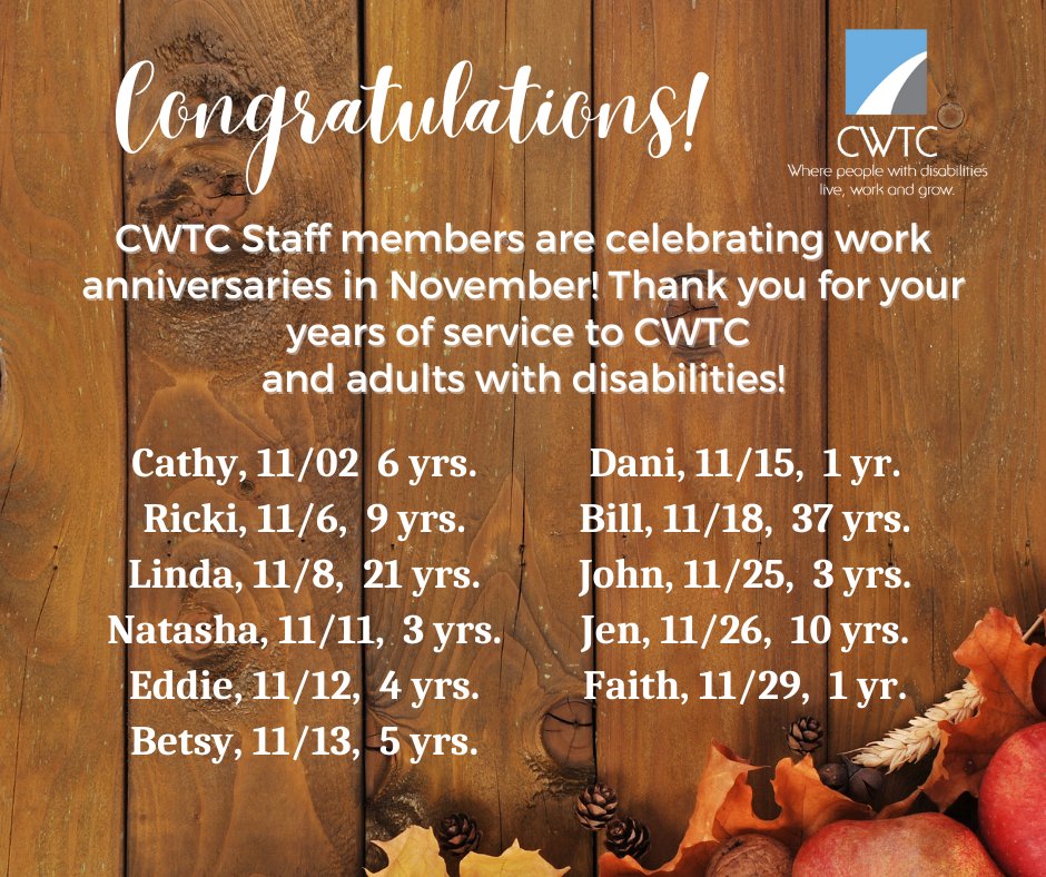 cwtcinc's tweet photo. #workanniversary #Congratulations #adultswithdisabilities #grateful https://t.co/1yveMJSJvS