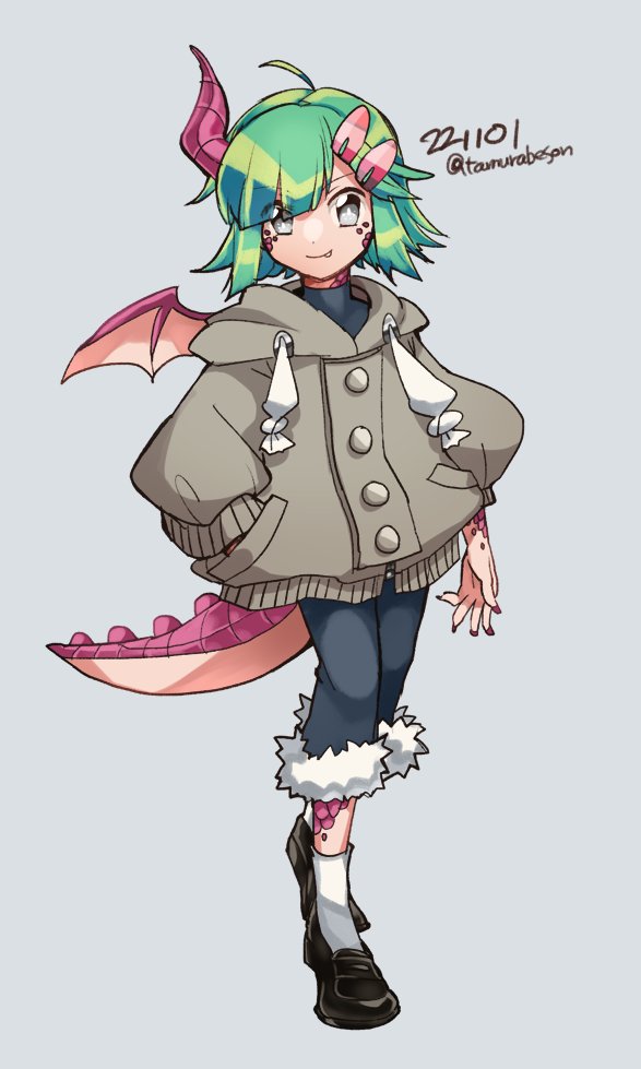 1girl green hair solo tail horns wings smile  illustration images