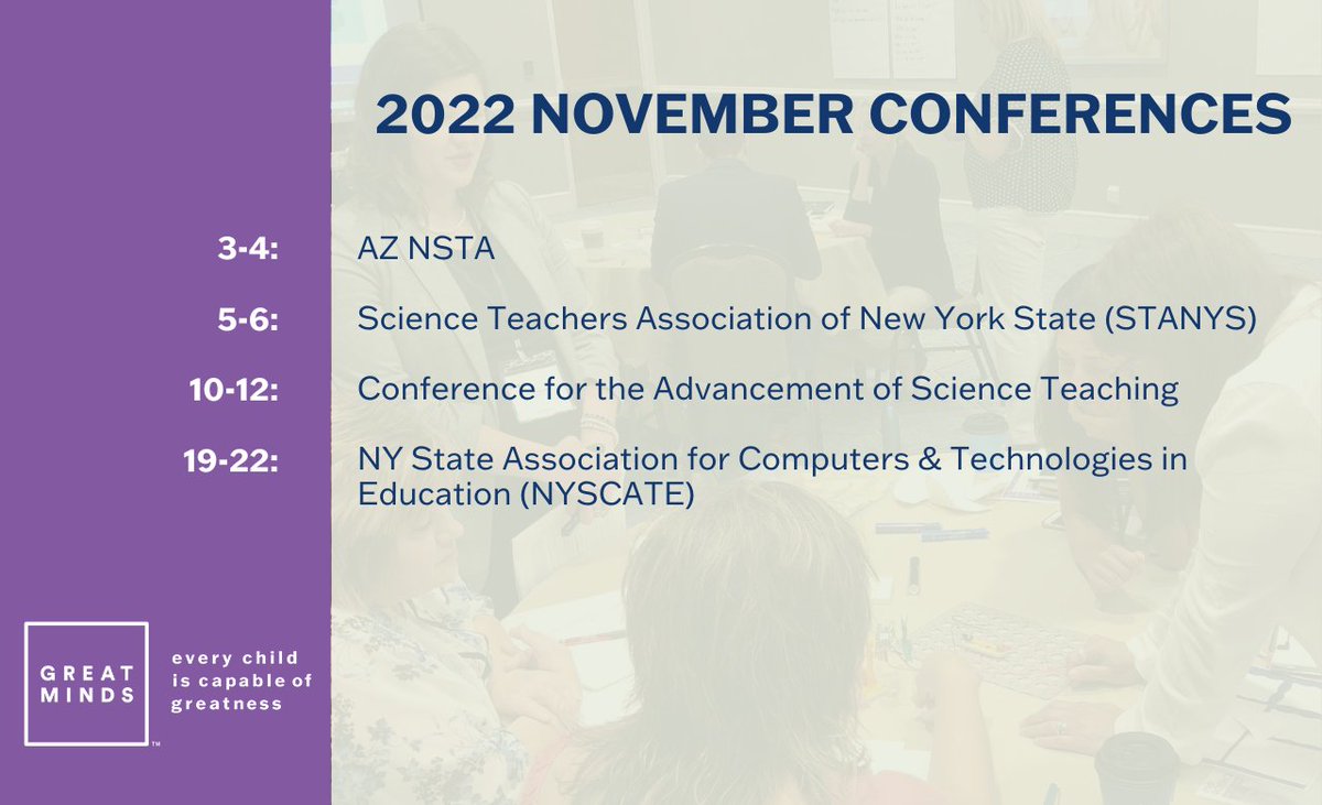 thephdscience's tweet photo. We are excited to share our November conference schedule with you. Let us know which one we will see you at!💜@TXScienceSTAT @NYSCATE #PhDScience https://t.co/uQoFA0x06w