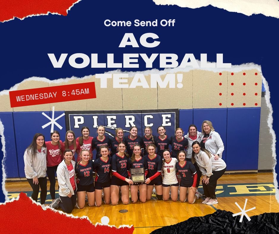 AC Volleyball takes on North Bend Central at 1 pm tomorrow Wednesday, November 2nd. 
Send off from AC at 8:45 am!