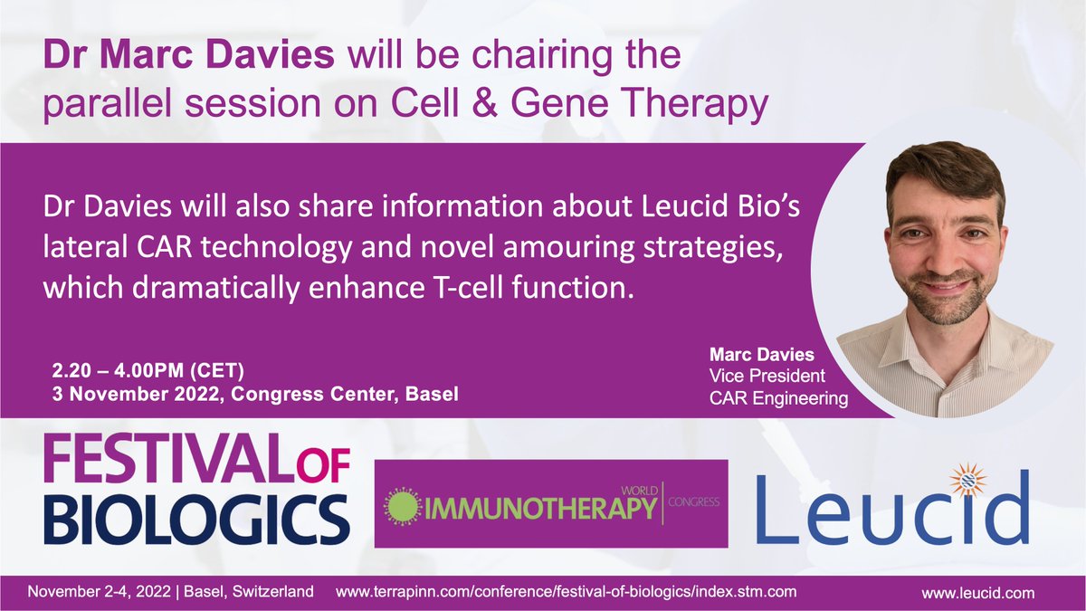 Leucidbio's tweet photo. We are excited to be visiting Basel this week for the #festivalofbiologics 

If you are attending please come say hi, we'd love to connect!

#FestOfBiologics #cartcelltherapy #cancertreatment https://t.co/UwQAKJErY0