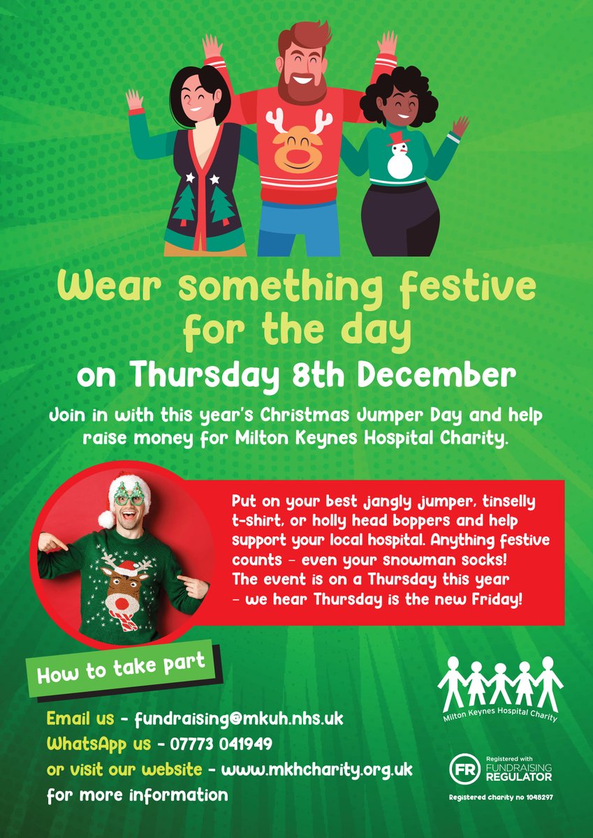 Christmas Jumper Day is back this year and raising money for patients, their families and staff <a href="/MKHospital/">Milton Keynes University Hospital NHS FT</a>. Join us on Thursday 8th December and sign up here 👉bit.ly/3zvCEKo #HoHoHo🎄