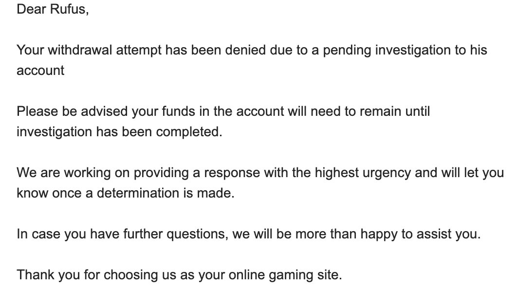 Dear @BetMGMSupport  -- after I uploaded all the documents you asked me for, for the last 3 weeks you've denied 4 withdrawal requests. No follow-up. Nothing. Live chat said you'd reach out. They were wrong. How long will my money be held hostage?