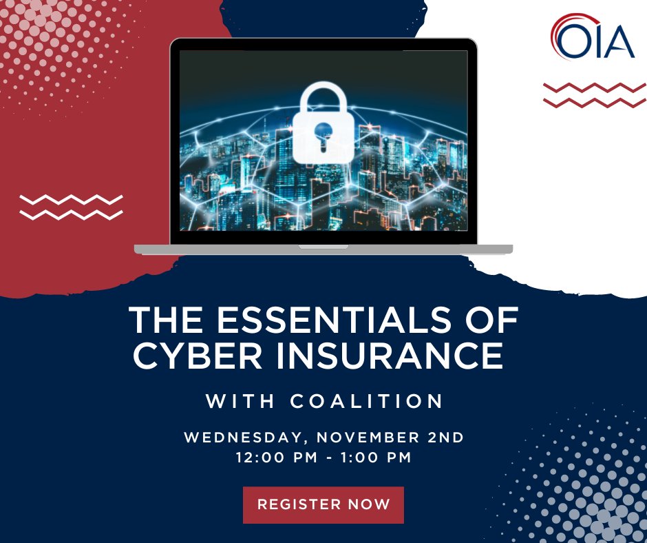 Tomorrow is another Webinar Wednesday! OIA is hosting The Essentials of Cyber Insurance with Coalition tomorrow at noon! Don't miss your chance to learn about everything cyber insurance! This webinar is approved for one hour of CE. REGISTER: bit.ly/3DP3T4R