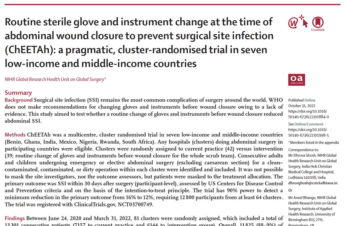 Aneel Bhangu (@aneelbhangu) on Twitter photo As <a href="/CheetahRct/">CHEETAH RCT</a> publishes today in the <a href="/TheLancet/">The Lancet</a>, it's a good moment to reflect on where we are:
<a href="/NIHRglobal/">NIHR Global Health</a> + @NIHRcommunity have funded one of the world's largest surgical trials, that delivered 13,300 patients (81 hospitals, 7 countries) during COVID
thelancet.com/journals/lance… As <a href="/CheetahRct/">CHEETAH RCT</a> publishes today in the <a href="/TheLancet/">The Lancet</a>, it's a good moment to reflect on where we are:
<a href="/NIHRglobal/">NIHR Global Health</a> + @NIHRcommunity have funded one of the world's largest surgical trials, that delivered 13,300 patients (81 hospitals, 7 countries) during COVID
thelancet.com/journals/lance…