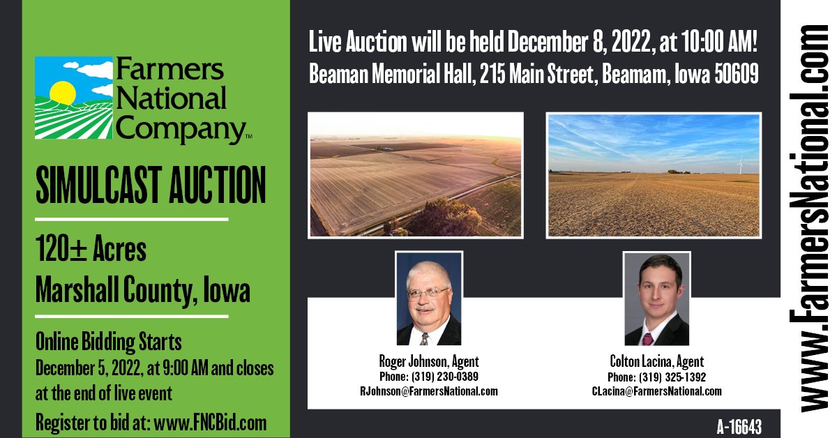 FarmersNational's tweet photo. Take a look at these high-quality tracts in northern Marshall County, Iowa. Tract 1 averages 87.71 CSR2, &amp; Tract 2 averages 92.28 CSR2, with easy access &amp; roads on two sides. The lease is terminated &amp; open to the #farm in 2023. 
🔗https://t.co/7W6Y3Odq3f
#land #forsale #auction https://t.co/EOjpFznHh8