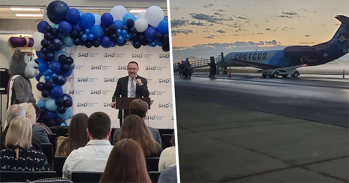 Duke Dog was among the guests Tuesday welcoming Contour Airlines to <a href="/SHDairport/">Shenandoah Valley Airport</a>, the official airport of JMU. Contour is the airport's new carrier with daily flights to Charlotte (NC) Douglas International Airport. fal.cn/3teaG