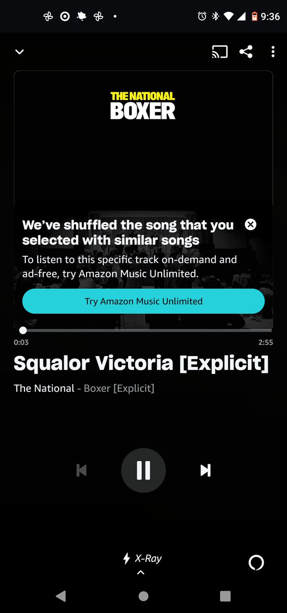 monkeydances's tweet photo. @amazonmusic Every day when I write I listen to The Boxer by @TheNational, start to finish. Today I suddenly have to pay for Unlimited in order to do that? I'm forced into a shuffle playlist of "similar" songs &amp; artists. This messes up my creative process SO much. I'm pissed. https://t.co/lkBbqv7kiu