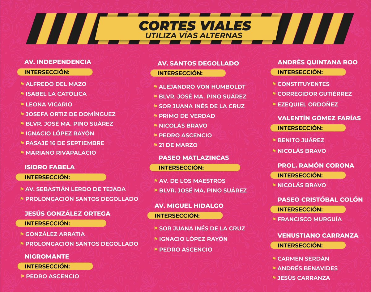 ¡Hoy es el gran Desfile #Catrineando2022! 💀🎉🎡
🚧 Te compartimos los cortes viales que se realizarán el día de hoy, en Av. Lerdo con cortes parciales a la circulación a partir de las 14:30, y cortes totales en esta y otras vías a partir de las 17:00.👮🏻‍♂️🚔

#TolucaLlenaDeVida 🤝🏼