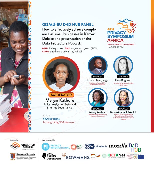 AfricaPrivacy's tweet photo. Panel: How to effectively achieve compliance as small businesses in #Kenya: Debate &amp; presentation of the Data Protectors Podcast

Speakers 👇🏾
🔘Liesa Boghaert
🔘Rose Mosero
🔘Francis Monyango
🔘Mercy Mutindi

Mod: Megan Kathure

Join the discussion: https://t.co/m8asF5tLXO

(1/6) https://t.co/HAMmuKutcQ