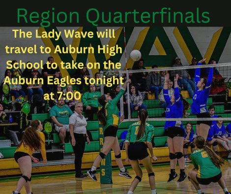 LadyWavesVball's tweet photo. Come out to Auburn High School tonight at 7pm to cheer on your Lady Wave! Tickets are $8.
#GoBigGreen https://t.co/mUJR6GTC1X