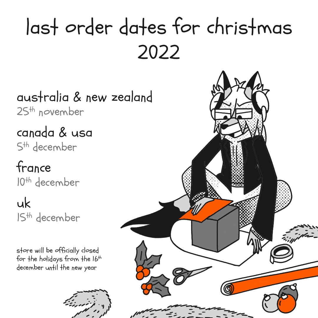 CatSlopeStudios's tweet photo. Here are the last order dates for this year!
These dates are to ensure all orders placed, are packaged and shipped out before the last posting dates.
Any orders made after the corresponding date will be cancelled and refunded. https://t.co/g9Lr6ED362