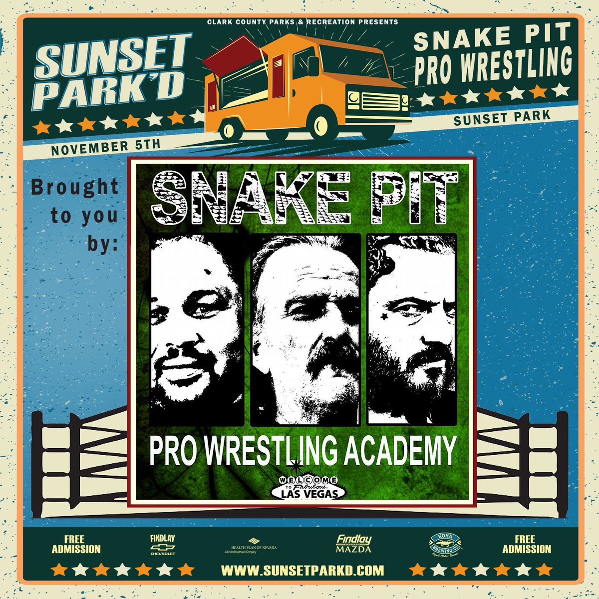 sunsetparkd's tweet photo. Snake Pit Pro Wrestling THIS WEEKEND at Sunset Park!! 11/5 12-8pm. FREE ADMISSION!

#FoodTrucks #ProWrestling #ClarkCountyNV #ClarkCountyParksandRecreation #SunsetPark #KonaBrewing #NevadaBeverage #HealthPlanofNevada #FindlayChevrolet #FindlayMazda https://t.co/EI31aOtJ8B