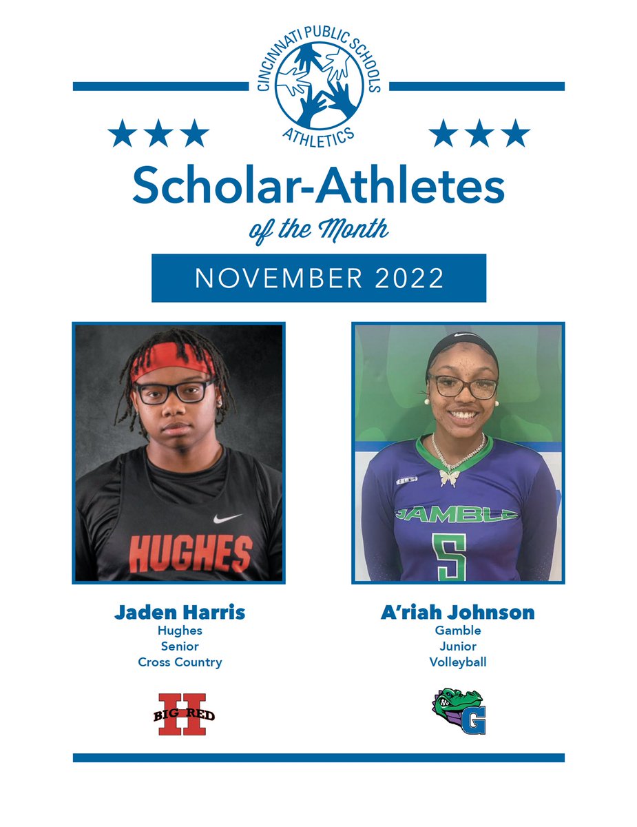 iamcpsathletics's tweet photo. Congrats to our @IamCPS Scholar Athletes of the Month for November! Hard work pays off!

A’riah Johnson (Jr., Volleyball) @GMGators 

Jaden Harris (Sr., Cross Country) @BIGREDATHLETICS https://t.co/MpvowSAwms