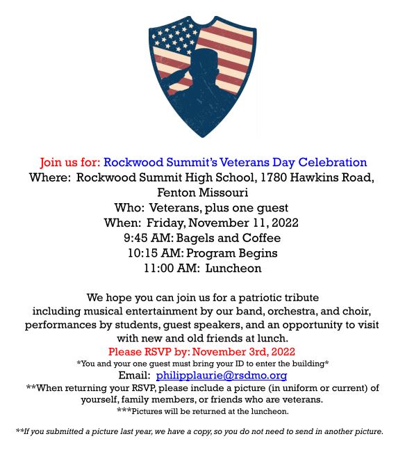 Please RSVP for Veterans Day this week! <a href="/rockwoodschools/">Rockwood School Dist</a> <a href="/rshs_pso/">RSHS PSO</a> <a href="/rshsprincipal/">Dr. Emily McCown</a> @RSHS2025 <a href="/rshs2026/">Rockwood Summit 2026</a> <a href="/rshsCheer1/">RSHS Cheer</a>