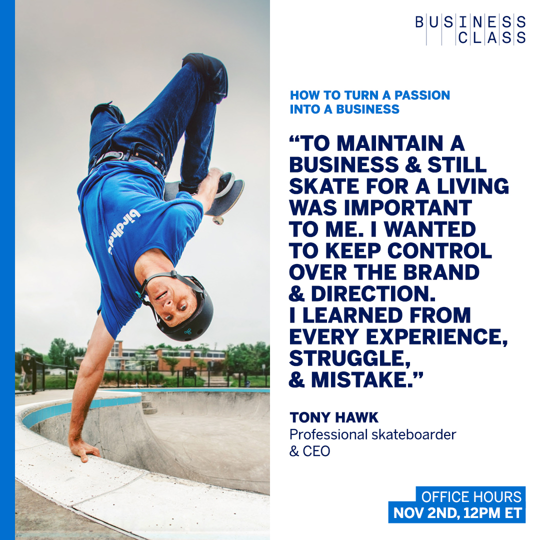 Tomorrow, @TonyHawk will join us live at instagram.com/americanexpres…. Post your questions below or during the live Q&amp;A!

Tony knows a trick or two about turning a passion into a career. He took his platform to the next level when he launched @Birdhouse. #AmexBusiness