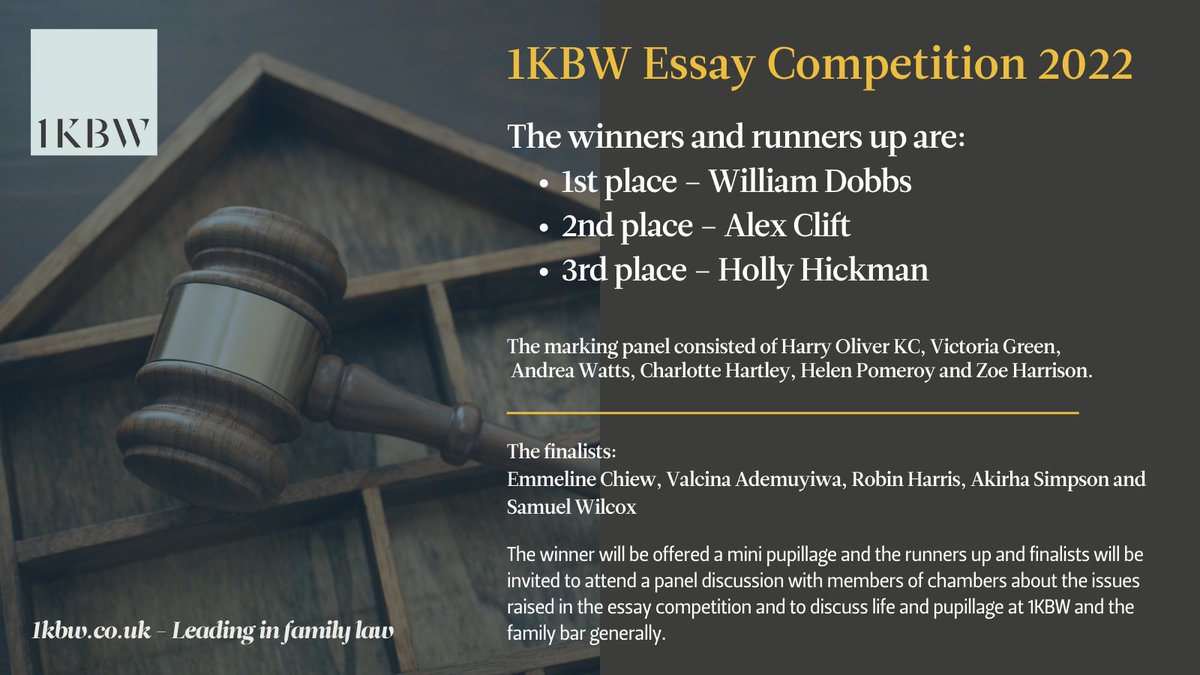 We are pleased to announce the winners of our 2022 essay competition “Does the use of private dispute resolution services like arbitration and private FDRs create a two-tier family justice system?” Congratulations to William Dobbs, Alex Clift and Holly Hickman &amp; all the finalists