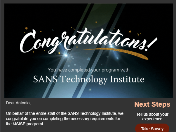 antman1P's tweet photo. Well, it's official! I graduated with a Master of Science in Information Security Engineering #MSISE from @SANS_EDU #SANSTechnologyInstitute #STI What a great journey through such a wonderful program! https://t.co/Cqx5WjopXy