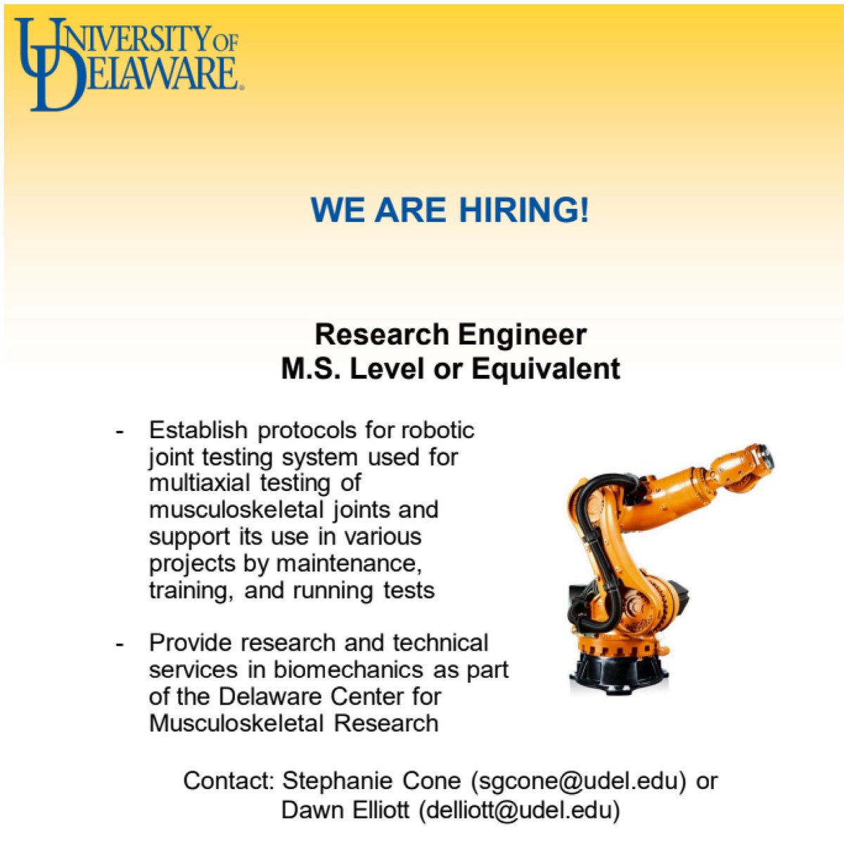 Stephanie Cone, PhD (@stephaniegcone) on Twitter photo Join the biomechanics team at <a href="/udbme/">Biomedical Engineering @ UDEL</a> - we're searching for a biomechanics robotic testing engineer to work with myself, @ElliottLab and the Delaware Center for Musculoskeletal Research! Posting here: careers.udel.edu/cw/en-us/job/4β¦ Join the biomechanics team at <a href="/udbme/">Biomedical Engineering @ UDEL</a> - we're searching for a biomechanics robotic testing engineer to work with myself, @ElliottLab and the Delaware Center for Musculoskeletal Research! Posting here: careers.udel.edu/cw/en-us/job/4β¦