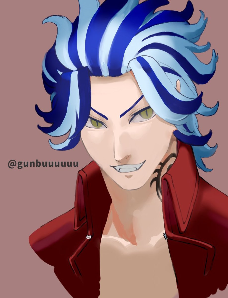 1boy male focus solo blue hair smile jacket red jacket  illustration images