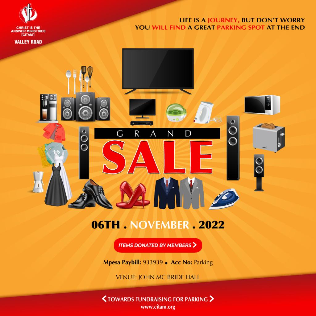 This coming Sunday, we will be holding a yard sale of items donated by our members to raise funds for our parking space.

All funds are to be channeled through the Paybill number 933939, Account number Parking.

God bless you as you plan to give.