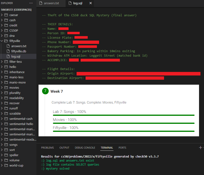 Day 40 of #100DaysOfCode

I've completed #CS50x week 7 #SQL problem sets. I had so much fun solving the #Fiftyville pset mystery - Theft of the CS50 Duck! *No spoilers 😂