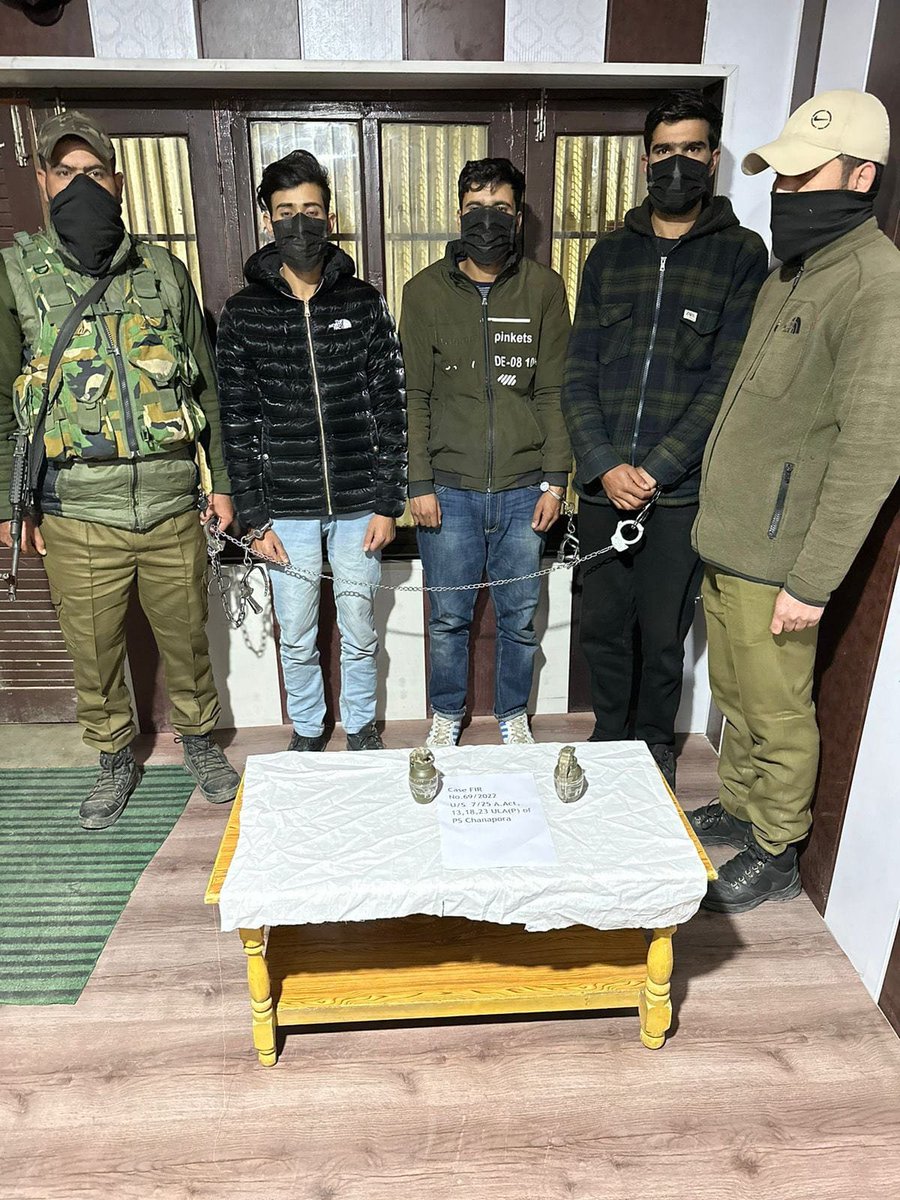 TheYouthPlus's tweet photo. Three hybrid #terrorists arrested, 10 kgs Bucket #IED & 2 hand #grenades recovered. IED is being destroyed in-Situ in the #Rangreth area by Bomb Disposal squad. Case registered under relevant sections of #UAPA, Arms act and #Explosives act: Srinagar Police https://t.co/z2dSSBxDWw