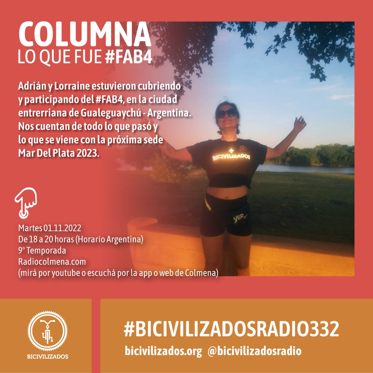 bicivilizados's tweet photo. 📢 #HOY hacemos #bicivilizadosRadio332 por @radiocolmena de 18 a 20 hora

👉Entrevistaremos a @antecesorcomun de @ElGatoyLaCaja 
👉 Cobertura de @LorraineKParis y @maestroadrians del #FAB4 y pasamos audios.

Manden 🗣️Audios, mensajes y preguntas al (+54 9) 11 3004-5428 https://t.co/k45Rl6onYY