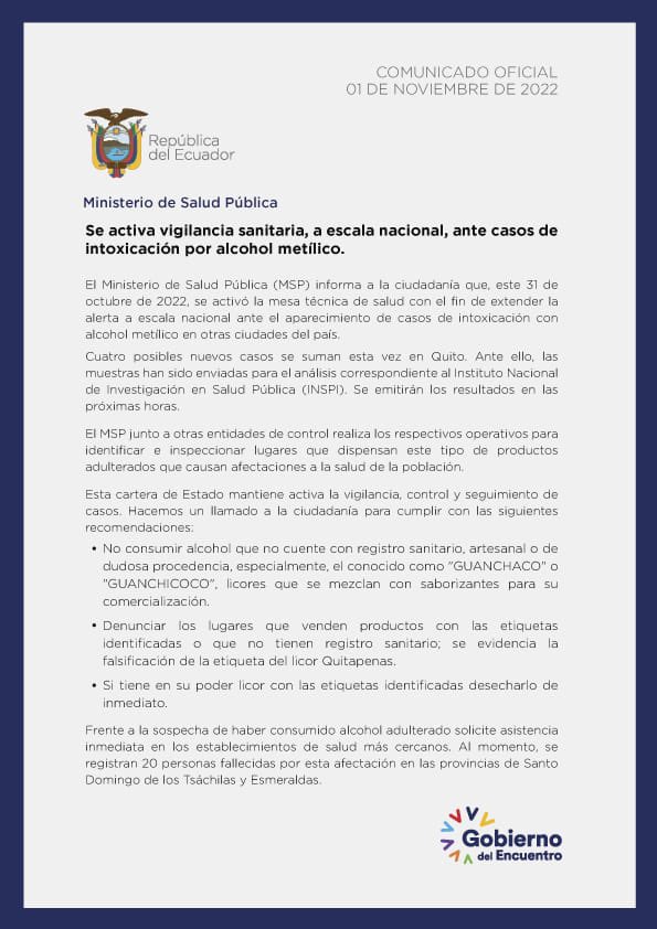 Salud_Ec's tweet photo. ⚠️ATENCIÓN | @Salud_Ec recomienda no consumir:

🚫Guanchaco
🚫Guanchicoco
🚫Cualquier alcohol sin registro sanitario, artesanal o de dudosa procedencia 

🚨Posibles nuevos casos de intoxicación por alcohol metílico se han registrado en otras ciudades del país

Detalles ⬇️ https://t.co/zwYlQEIXix