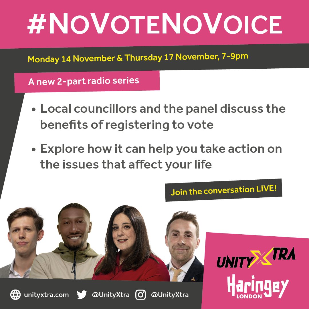 Join in on the conversation. As apart of London Voters Registration Week, we our hosting a 2-part radio series discussing voting processes, political participation and more. SAVE THE DATE Monday 14th &amp; Thursday 17th 
(7-9pm) UNITYXTRA.COM 
#NoVoteNoVoice #UnityXtra