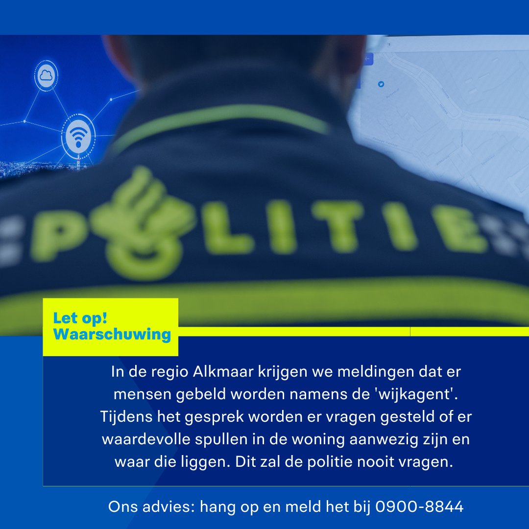 POL_Eenheid_NH's tweet photo. Geef geen informatie en hang op. Ook gebeld? Bel 0900-8844 en geeft het door aan de politie Noord-Holland. 

#Alkmaar https://t.co/yuVSeuLfTy