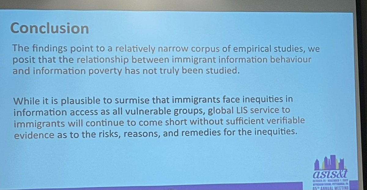 CameronMPierson's tweet photo. How is info poverty operationalised in LIS research on immigrant communities? Ana Ndumu et al investigated this question. Findings show, says Ndumu, info behaviour and poverty have not truly been studied yet. “We have a lot of work to do in this particular setting.” #ASIST22 https://t.co/IUWshY84Ho