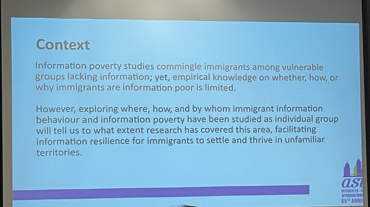 CameronMPierson's tweet photo. How is info poverty operationalised in LIS research on immigrant communities? Ana Ndumu et al investigated this question. Findings show, says Ndumu, info behaviour and poverty have not truly been studied yet. “We have a lot of work to do in this particular setting.” #ASIST22 https://t.co/IUWshY84Ho