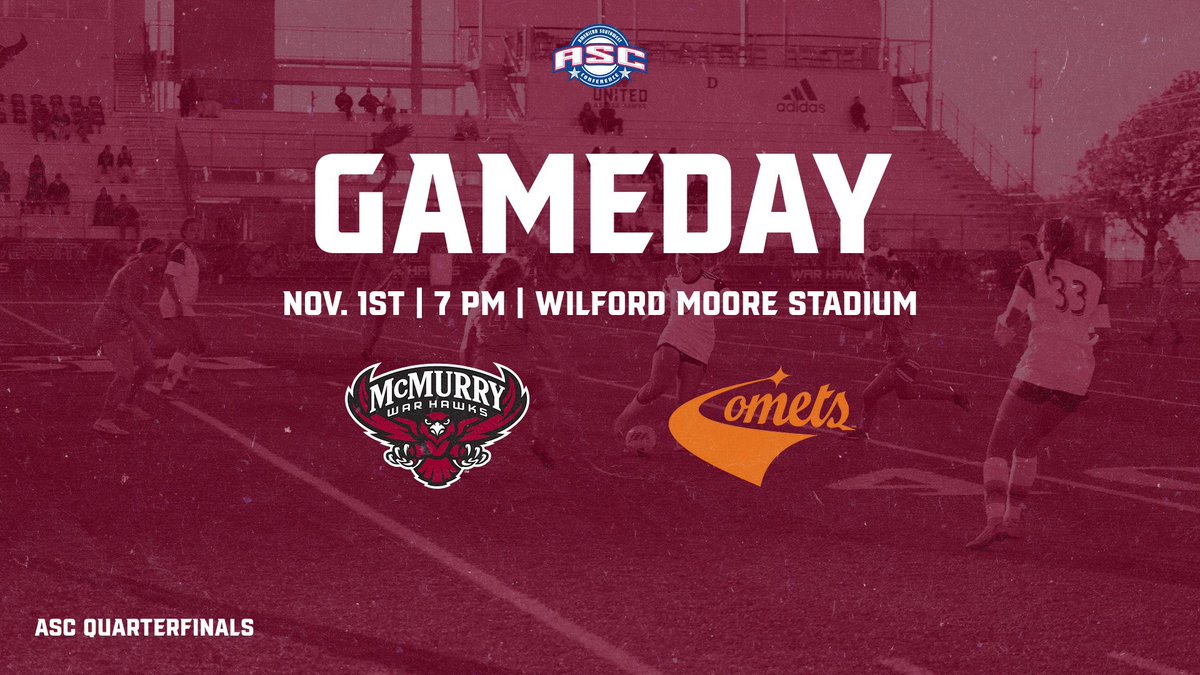 mcmsports's tweet photo. ‼️ASC QUARTERFINALS ‼️

Come out to Wilford Moore tonight to support the Women’s soccer team as they take on the UT-Dallas Comets in the American Southwest Quarterfinals!! 

🆚: UT-Dallas 
📍: Abilene, Texas
⌚: 7 PM
📈: https://t.co/sdjT2tnhy4
📺: https://t.co/OCwkVnOj3K https://t.co/sPpJYQFRNP