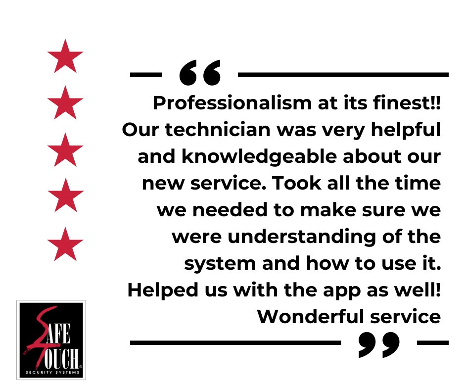 Safe_Touch's tweet image. Thanks for the 5 stars, customer Jonathan! 

At SafeTouch, prioritizing customer service means taking our customers and their feedback seriously. We welcome all of your reviews and hope to earn your satisfaction in SafeTouch Security. 

#SafeTouchSecurity #HomeSecurity