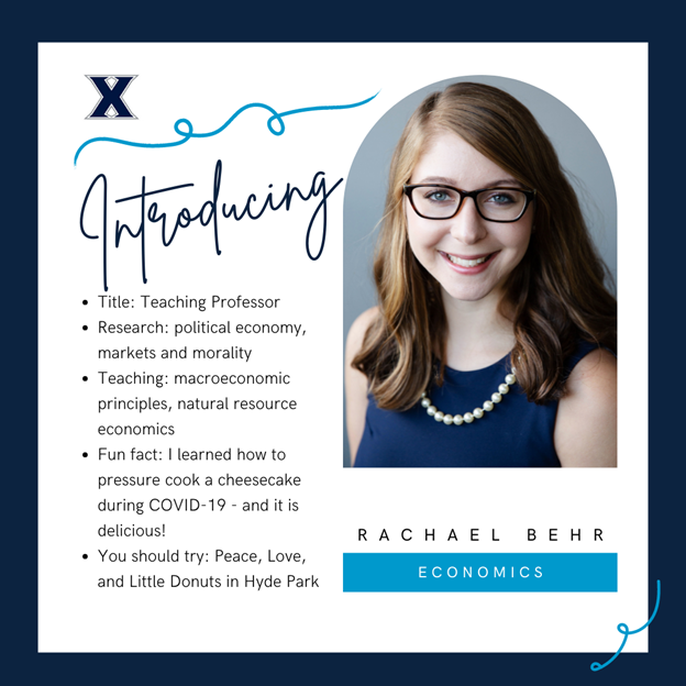 XavierEconomics's tweet photo. Please welcome Professor Rachael Behr, who joined us this Fall. She is one of the kindest people you will meet and word-on-the-street is that she makes a terrific chocolate cake! #XavierEconomics #XUEconFaculty @RachaelBehr https://t.co/GRLEhdpqRc
