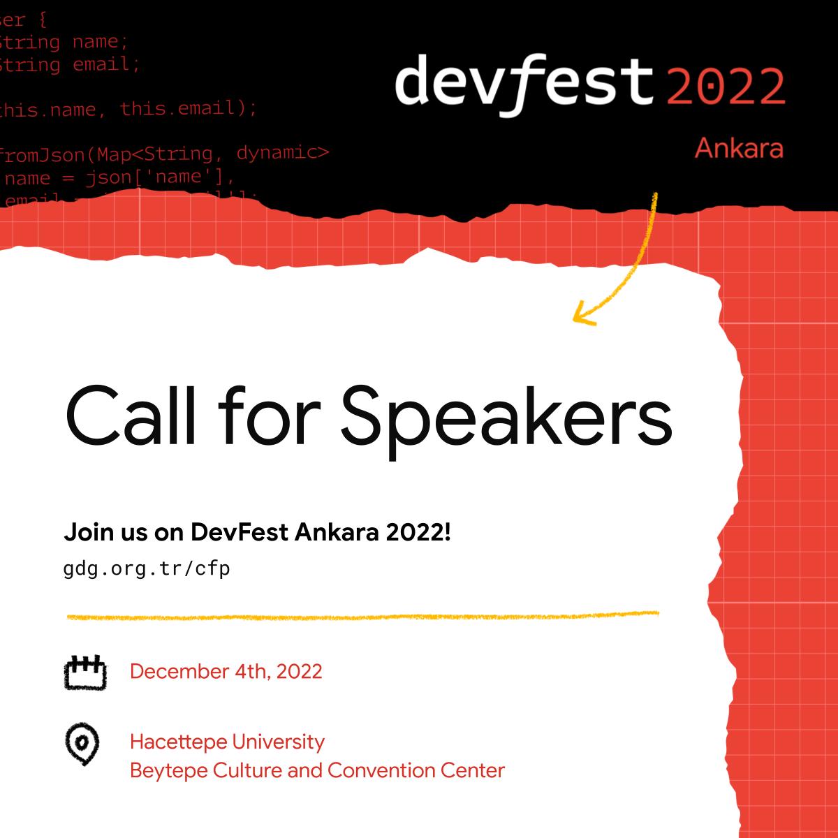📢 Devfest Ankara 2022 konuşmacılarını arıyor! 
4 Aralık Pazar günü deneyimlerini Google geliştirici ekosistemiyle paylaşmak istiyorsan bu fırsatı kaçırma! 🤓

🔗Başvuru için hemen tıkla gdg.org.tr/cfp