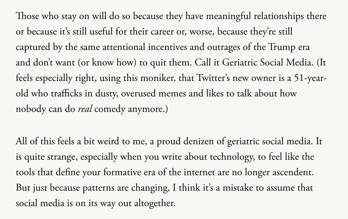 Last week I had a lot of conversations about whether social media was dying or not. I don't think it is but it did make me think about shifts away from text and how Twitter is Geriatric Social Media newsletters.theatlantic.com/galaxy-brain/6…