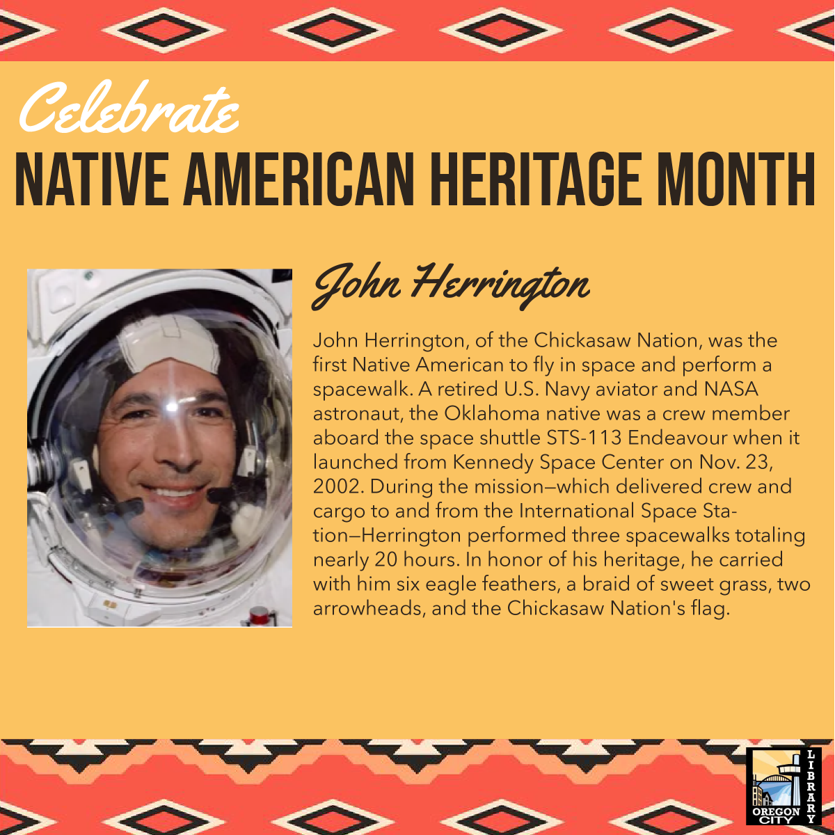 ORCityLibrary's tweet image. November is Native American Heritage Month! After reading these profiles, browse our catalog for materials on Native subject matters or books written by Native authors at go.lincc.org/ocnativeamer.
#oregoncitylibrary #nativeamericanheritagemonth #nativeauthors