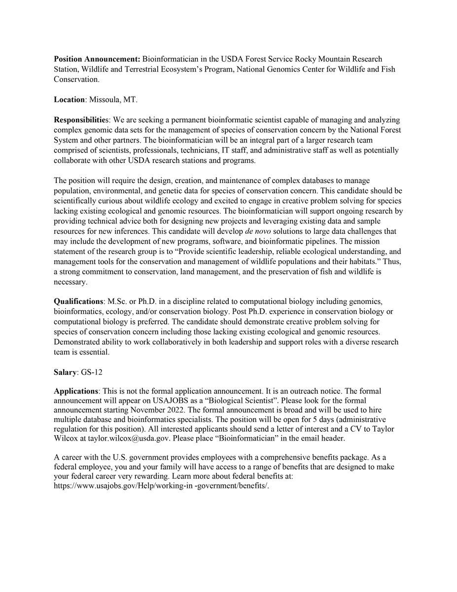 Looking for a permanent bioinformatician to work with the awesome National Genomics Center team to pursue conservation through research. See attached!