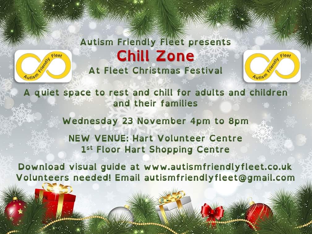 Our Chill Zone will be available at the Fleet Christmas Festival on 23 November 4-8pm. Please note NEW VENUE at Hart Volunteer Centre, 1st floor Hart Shopping Centre.
VOLUNTEERS NEEDED - if you can help out, please message.
@Hart_Volunteers <a href="/fleet_festival/">Fleet Christmas Festival</a>
