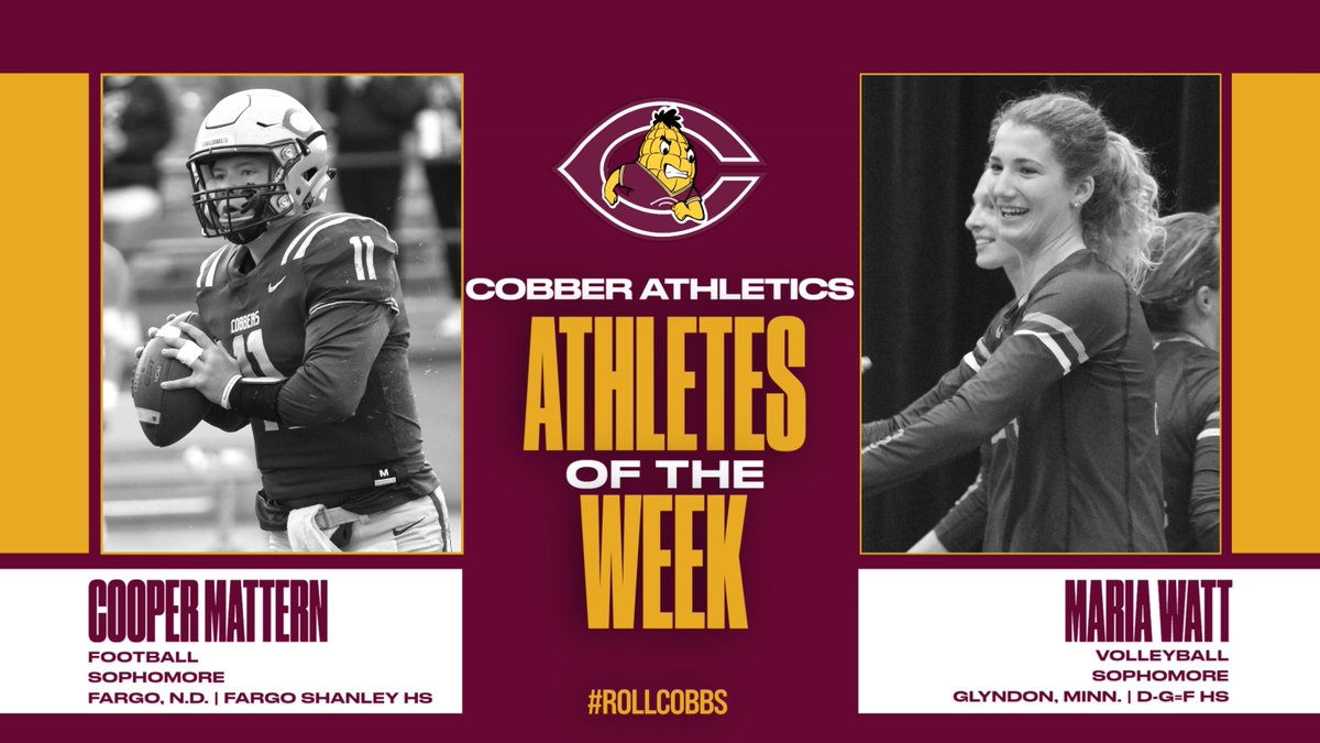 CORNGRATS to sophomores Cooper Mattern & Maria Watt, who are the Cobber Athletes of the Week! - Cooper was 35-for-58 for 320 yds. & 4 TDs. His 58 attempts are a new school record for a single game. - Maria led CC w/ 28 kills, hit .424 & had 5 blocks in volleyball's 2-0 record.