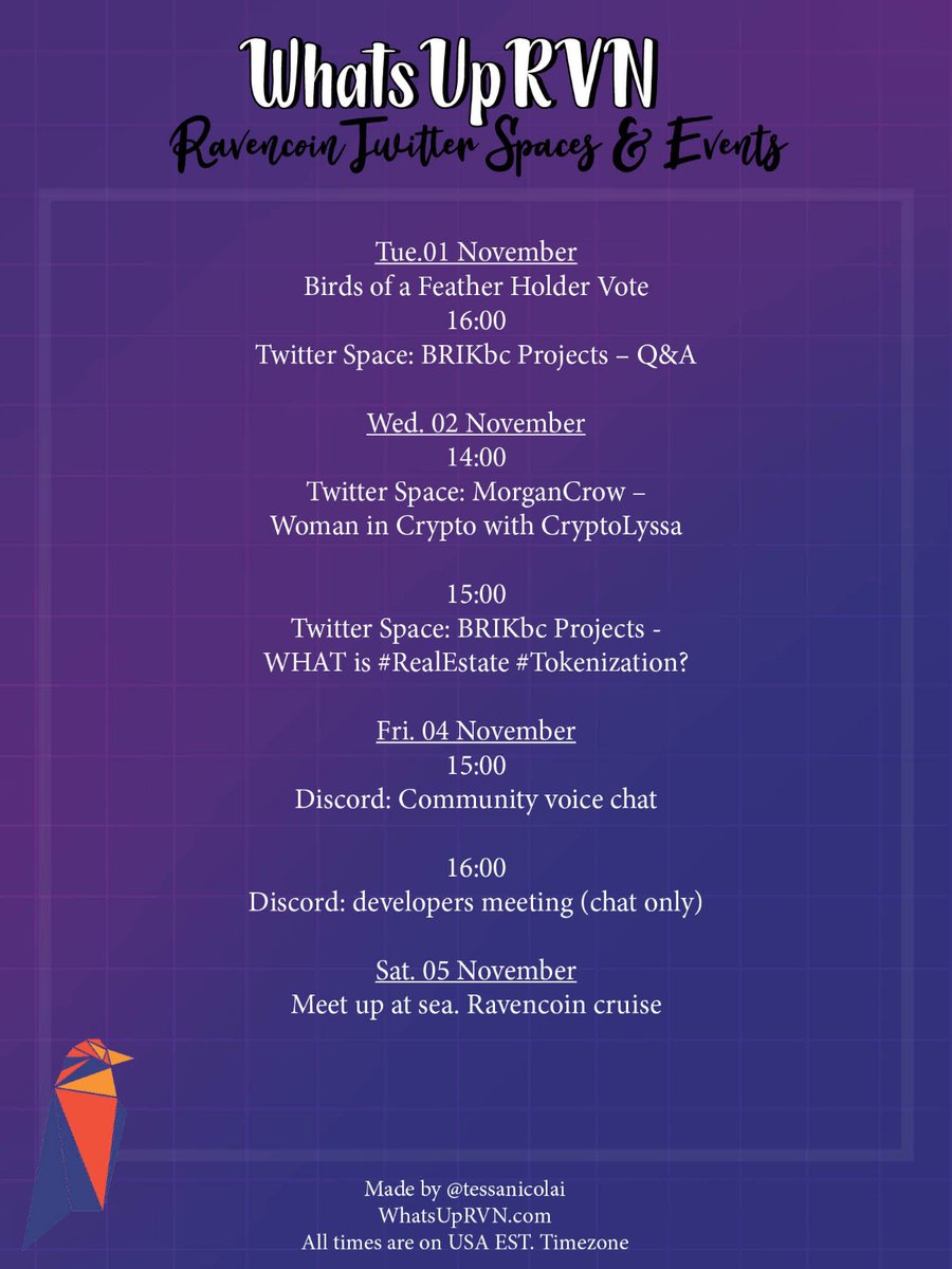 Are you planning to attend some #Ravencoin events this week?
<a href="/lsji07/">LSJI07 - #Raven_Angel 🅁🅅🄽</a> <a href="/ravenangelsteam/">RavenAngels Community</a> <a href="/BrikBC/">BRIKbc</a> <a href="/jakemenard3/">Jake Menard</a> @CryptoLyssa @FoundationRaven <a href="/Ravencoin/">Project Raven 🦅/ RVN / Ravencoin</a> 
( thank you <a href="/tessanicolai/">Tessanicolai 🧠 🅁🅅🄽</a> )