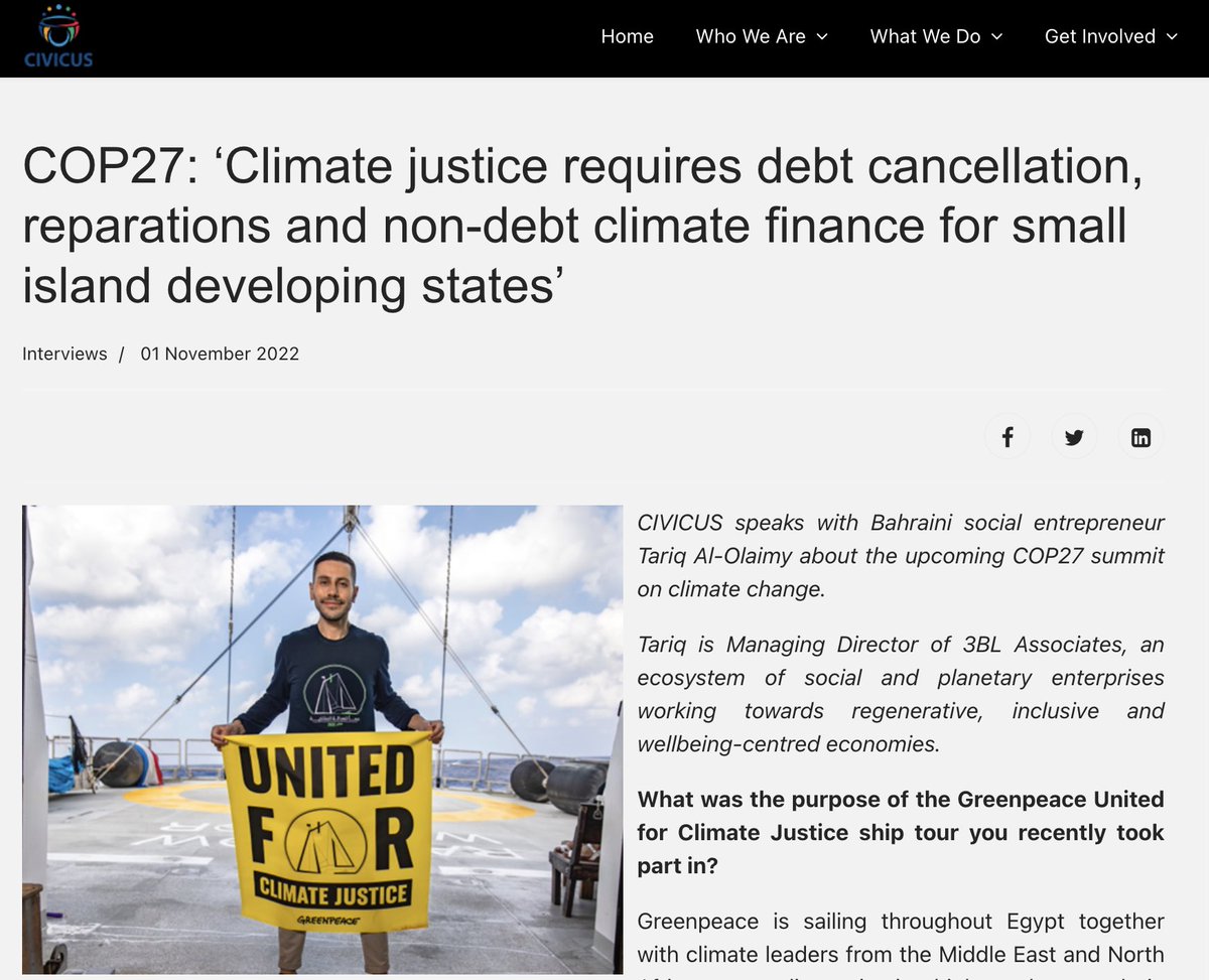 Ahead of #COP27 I spoke to <a href="/CIVICUSalliance/">CIVICUS</a> on just transitions, post-growth pathways, and the <a href="/GreenpeaceAR/">Greenpeace غرينبيس</a> ship tour.

‘#ClimateJustice requires debt cancellation, reparations and non-debt climate finance for small island developing states..’

civicus.org/index.php/medi…