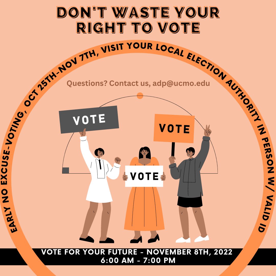 The midterm election date, November 8th, 2022, is coming up! Polling places will be open from 6:00 am - 7:00 pm. Ensure you have a valid form of ID. No-excuse early voting is permitted in Missouri: October 25th-November 7th. Absentee ballot due Nov. 8th by election authority #ADP