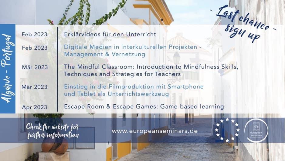 eu_seminars's tweet photo. Staff mobility courses in the beautiful Algarve of southern Portugal about
- creating intercultural projects with digital media
- mindfulness
- escape room
- explanatory videos
- film production
Apply now for german and english speaking seminars: https://t.co/LckMQQzZYf https://t.co/bSCiZWWQm2