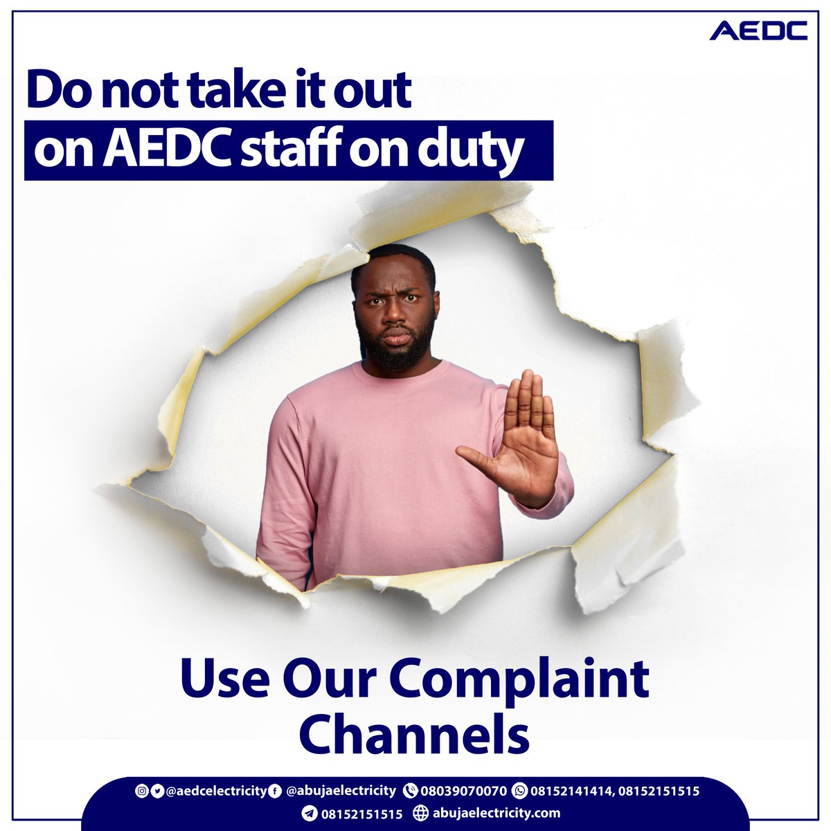 aedcelectricity's tweet photo. Our staff have the right to be treated with dignity and respect at all times without the risk of threatening behavior or violence.
#AEDC #Abujadisco #NoToAssault https://t.co/ynLDCXNhBq