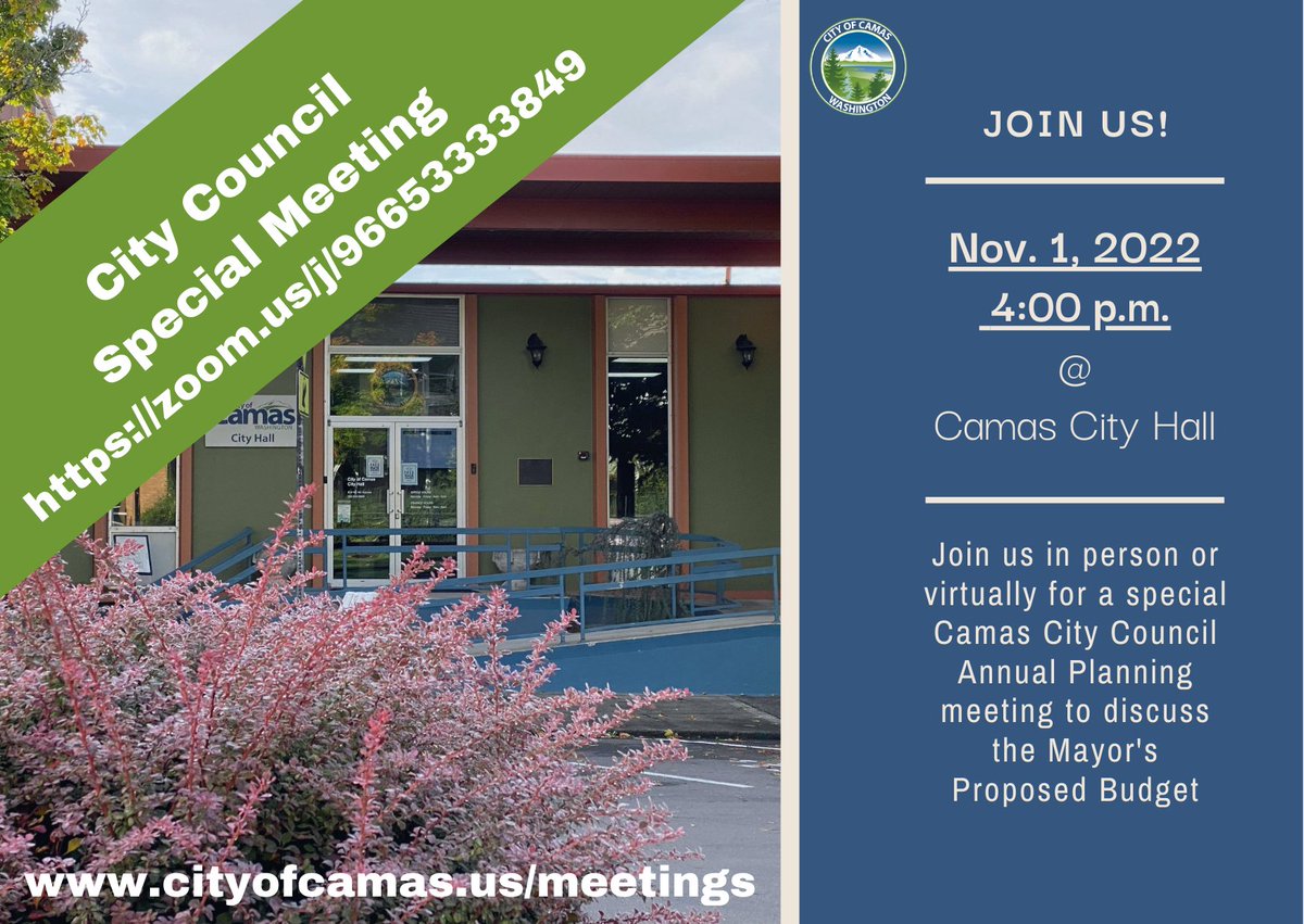 Join us tonight at 4 p.m., virtually or in person, for a Camas City Council Special Meeting to discuss the Mayor's 2023-2024 Proposed budget.
Agenda: cityofcamas.us/meetings
Zoom Link: zoom.us/j/96653333849
