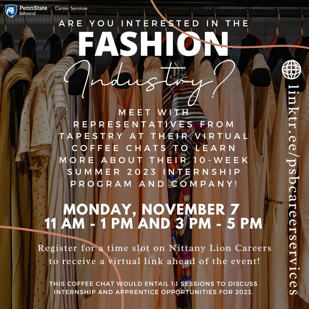 PSBCareer's tweet photo. Are you interested in working for fashion brands like Coach, Stuart Weitzman, or Kate Spade? You won’t want to miss this virtual coffee chat with Tapestry to discuss their Internship and Apprentice opportunities for 2023! RSVP using the linktree in our bio for access https://t.co/1RZIqHn4tn
