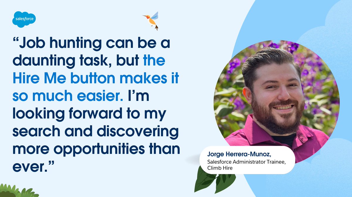 Looking for a job in the Salesforce ecosystem like Jorge? Enter, 🆕 Hire Me button - empowering you to connect with hiring managers and discover more opportunities than ever.✅ Add it to your Trailblazer.me Profile like Jorge! Learn more: sforce.co/3FjSxq